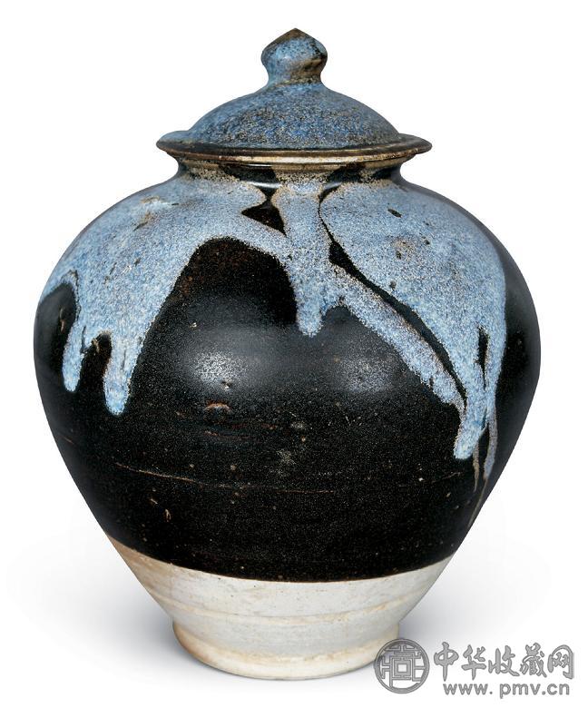 唐 黑釉洒彩蓝斑盖罐