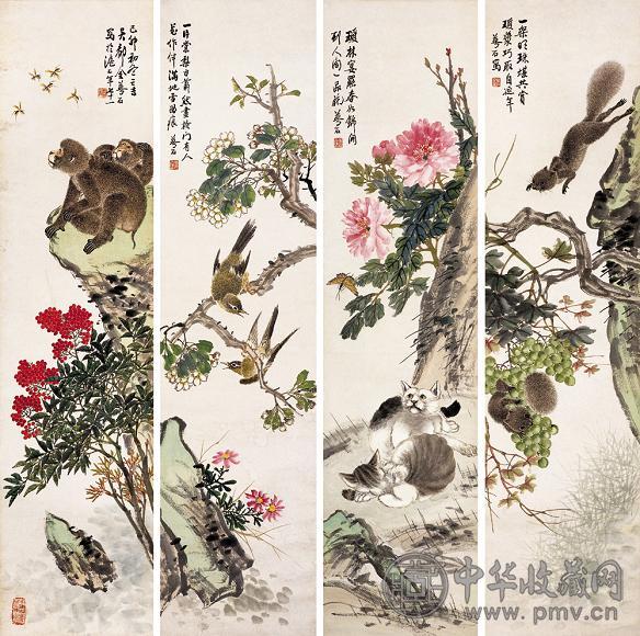 金梦石 1939年 花鸟 四屏 设色纸本