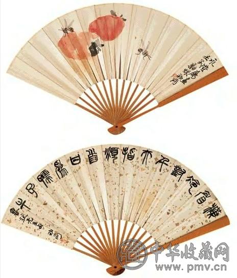 来楚生 1972年作 瓜虫图 书法 扇面 设色纸本