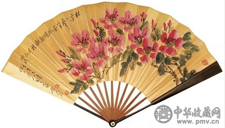 曹简楼 2002年作 杜鹃花开图 成扇 设色金笺