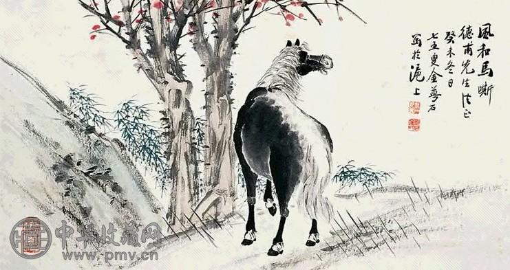 金梦石 风和马嘶 横幅 设色纸本