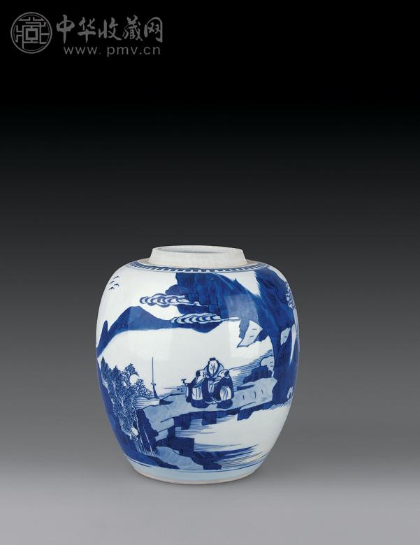 清康熙 青花山水高仕图罐