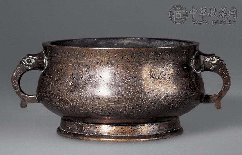 明末 铜错银兽面纹双耳炉