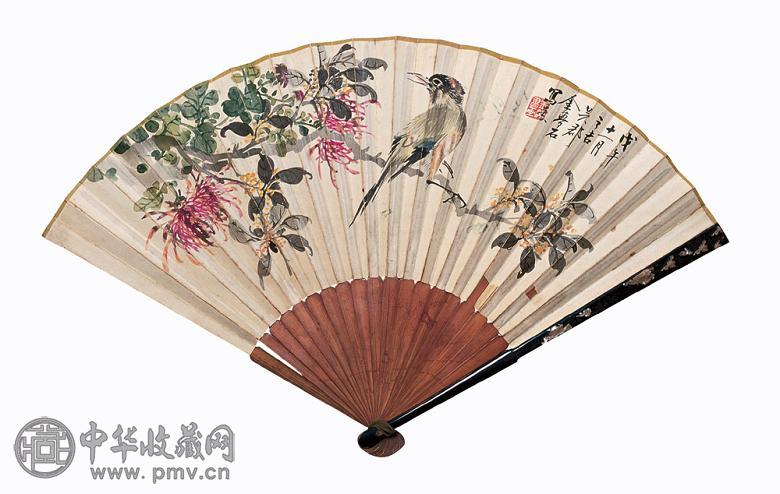 金梦石 花鸟 成扇 设色纸本