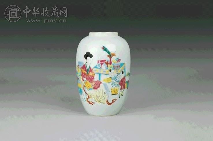 民国 粉彩仕女婴戏罐