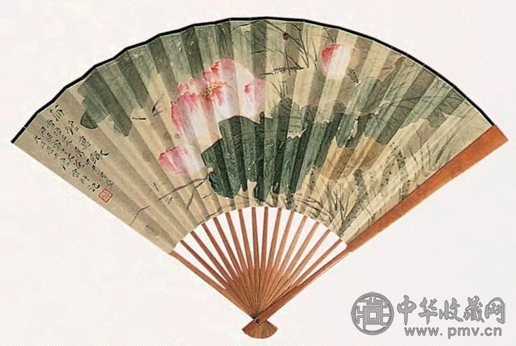 唐云 1944年 蒲塘真趣 成扇 设色纸本