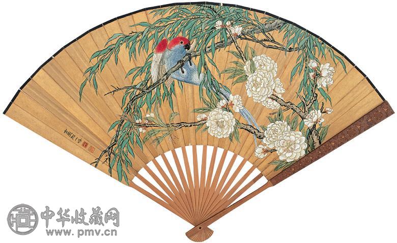 王福厂 邢一峰 书法 花鸟 成扇 设色泥金