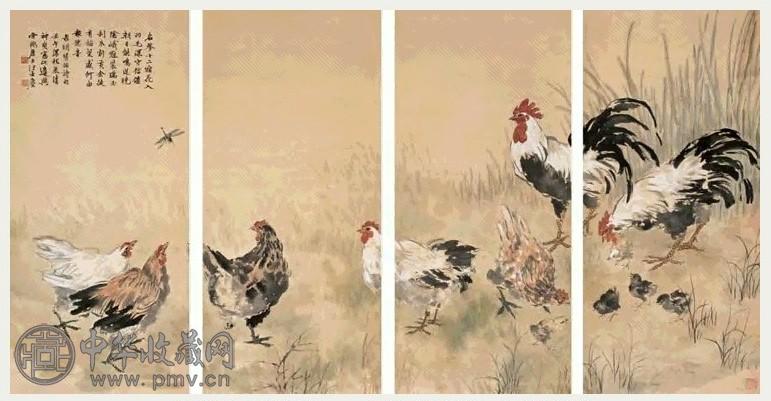 汪亚尘 1942年作 群鸡通景 四屏 纸本设色