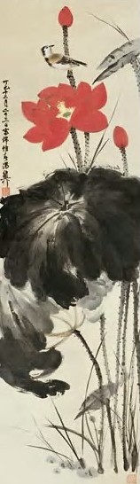 谢稚柳 1977年作 荷花小鸟图 立轴 设色纸本