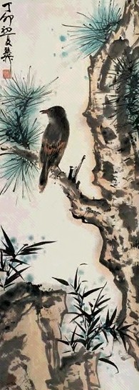 谢稚柳 1987年作 松雀图 立轴 设色纸本