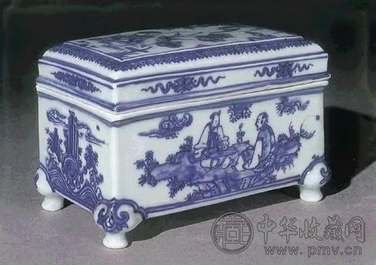 明成化 青花高仕玩琴图四足盖炉