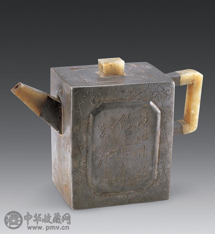 明 锡三镶玉方茶壶