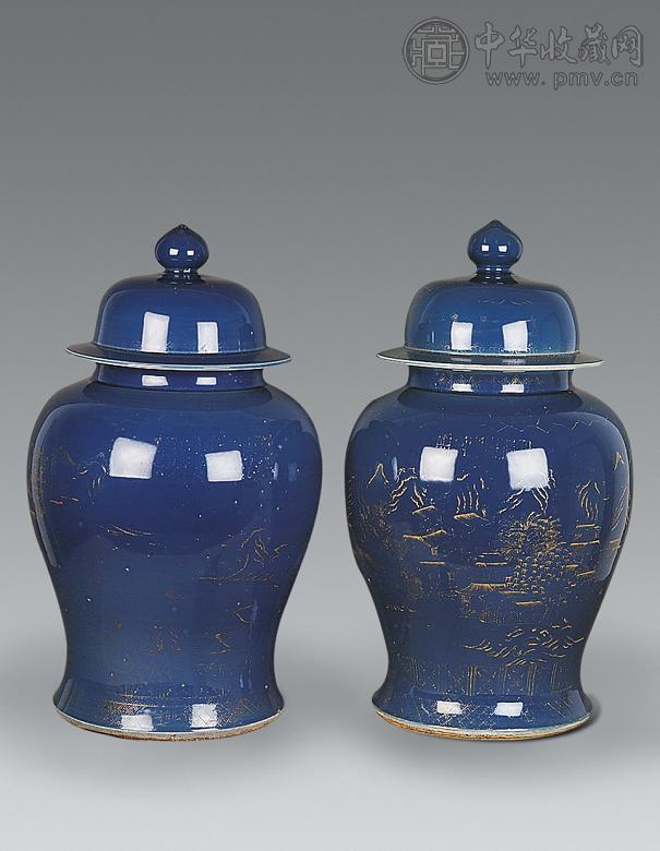 清嘉庆 祭蓝描金将军罐(1对)
