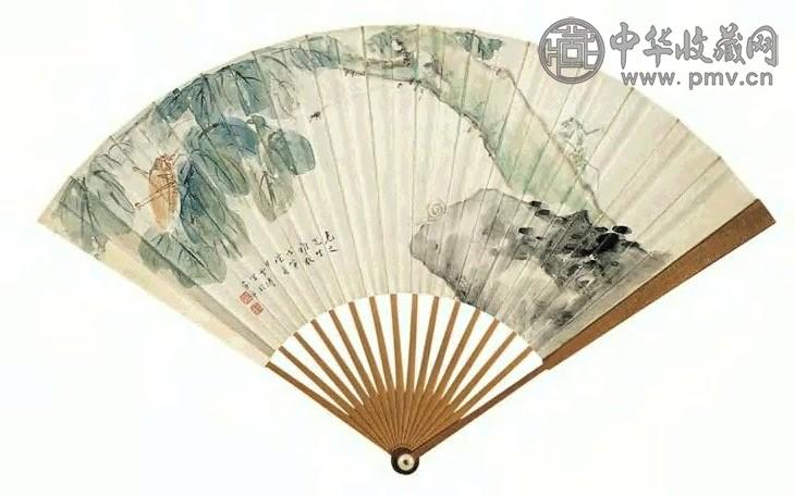现代 王雪涛 树石草虫 成扇