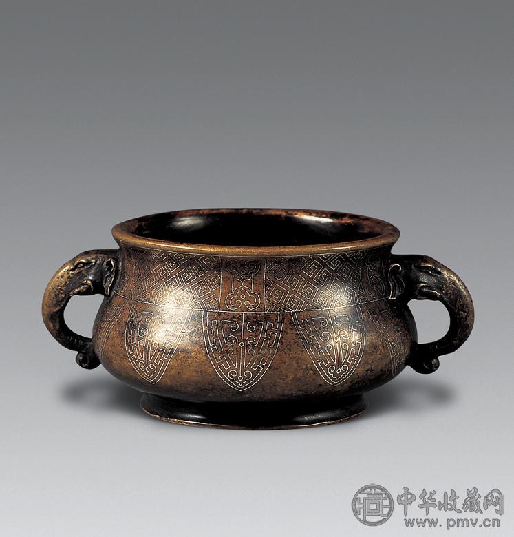 清 铜错银象耳石臾款簋式香炉