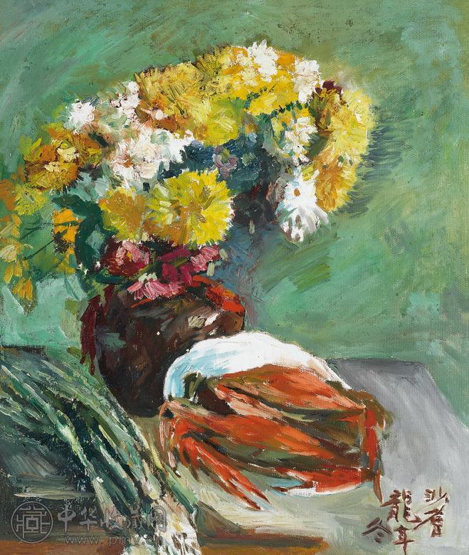 沙耆 瓶花 布面 油画
