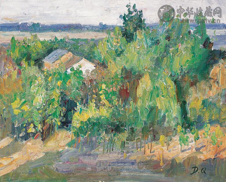 何大桥 山村风景 布面 油画