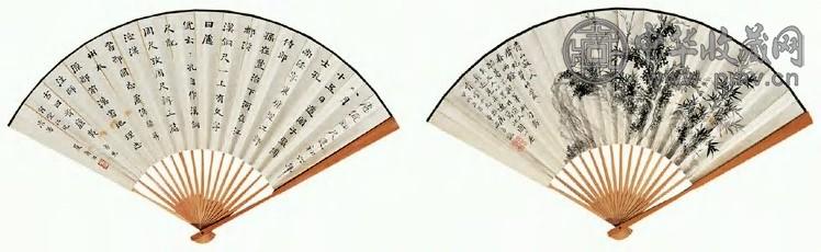 吴华源 1934年 寒木竹石图、楷书 成扇 水墨纸本