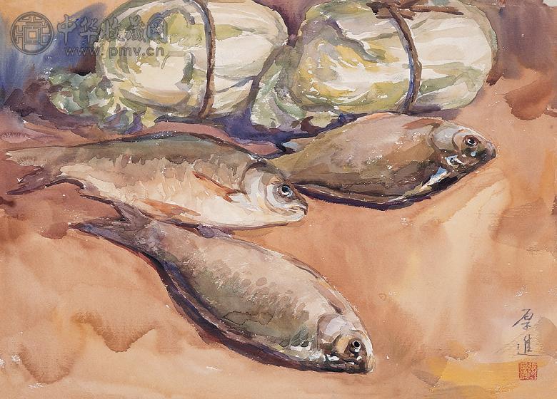 张厚进 鱼和白菜 纸本 水彩