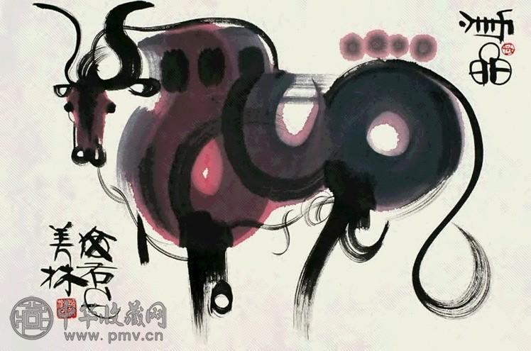韩美林 牛 镜心 设色纸本