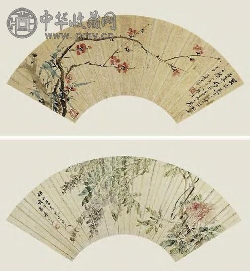 近现代 金心兰 设色花卉 扇片(2件)