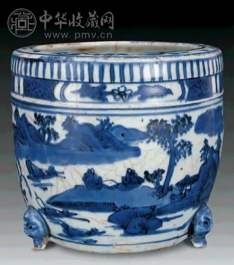 明 青花山水纹三足香炉