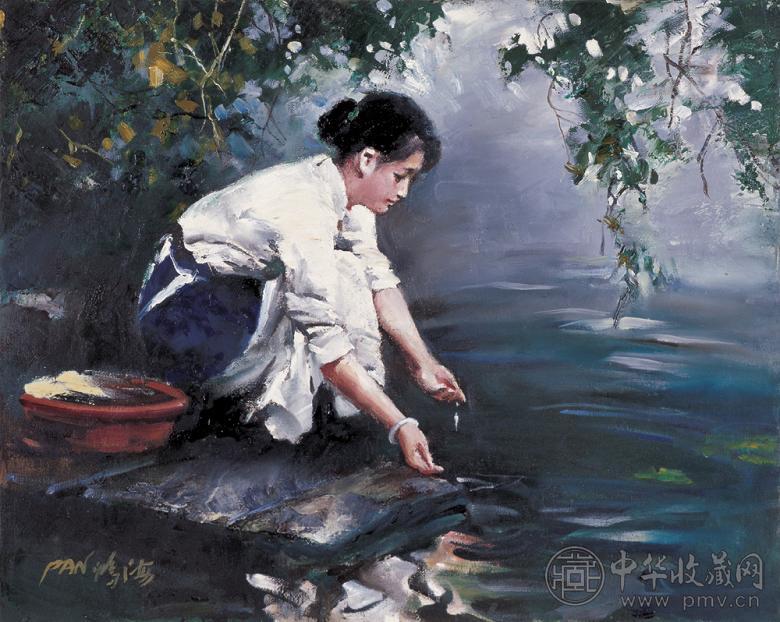 潘鸿海 夏荫溪洗 布面 油画