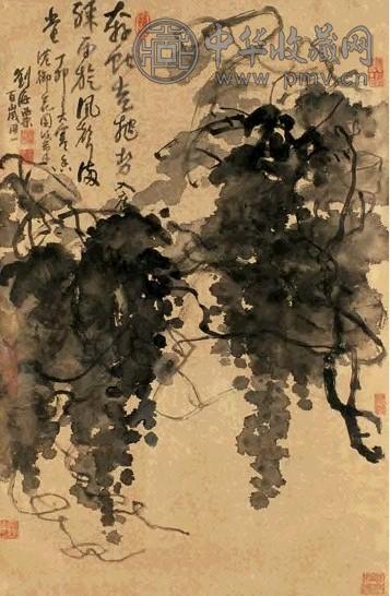 刘海粟 丁卯(1987)年作 墨葡萄 镜心 水墨金笺