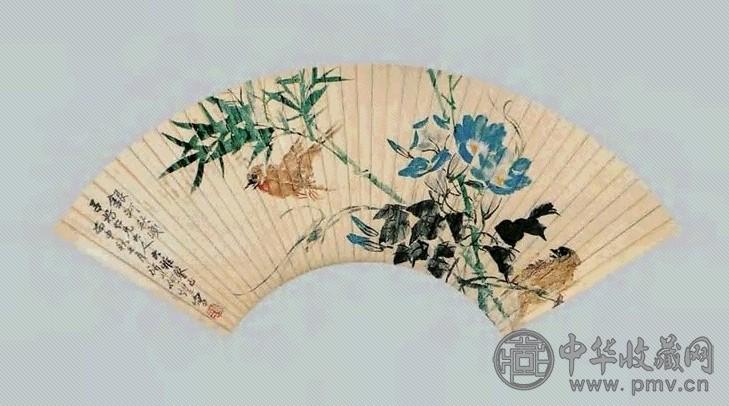 何研北 花鸟 扇面 金笺