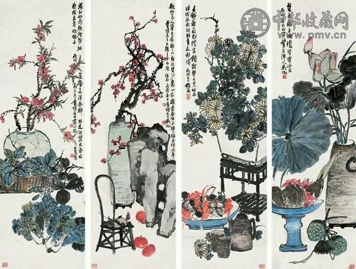 吴徵 1946年 四时清供图 四屏片 设色纸本