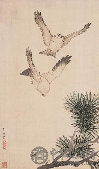 刘奎龄 双鸽 立轴 设色绢本