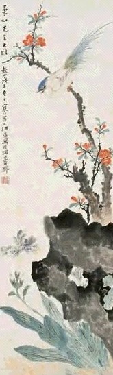 江寒汀 红花鸣禽 立轴 设色纸本
