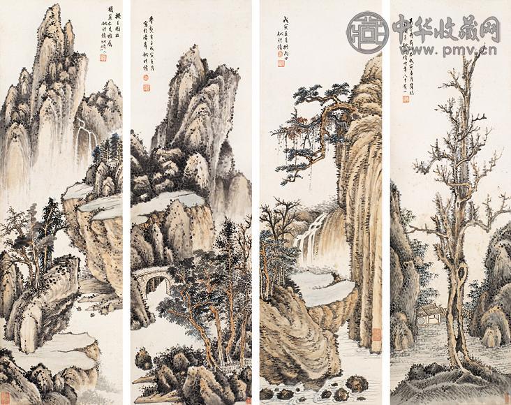 姚礼修 1938年作 山水 四屏 设色纸本