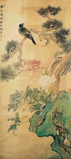 黄山寿 花鸟 立轴 设色绢本