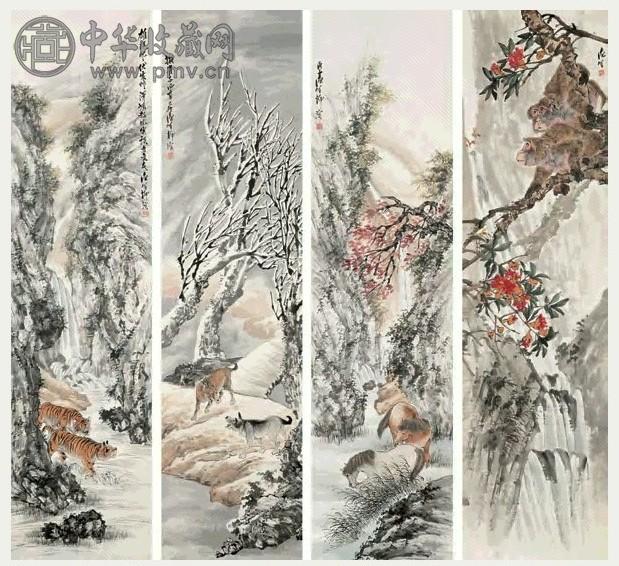 柳渔笙 辛巳(1941年)作 走兽 四屏 设色纸本