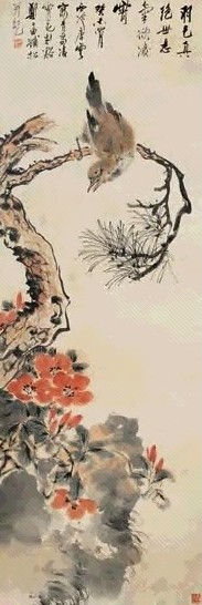 唐云 青鸟凌霄 立轴 设色纸本