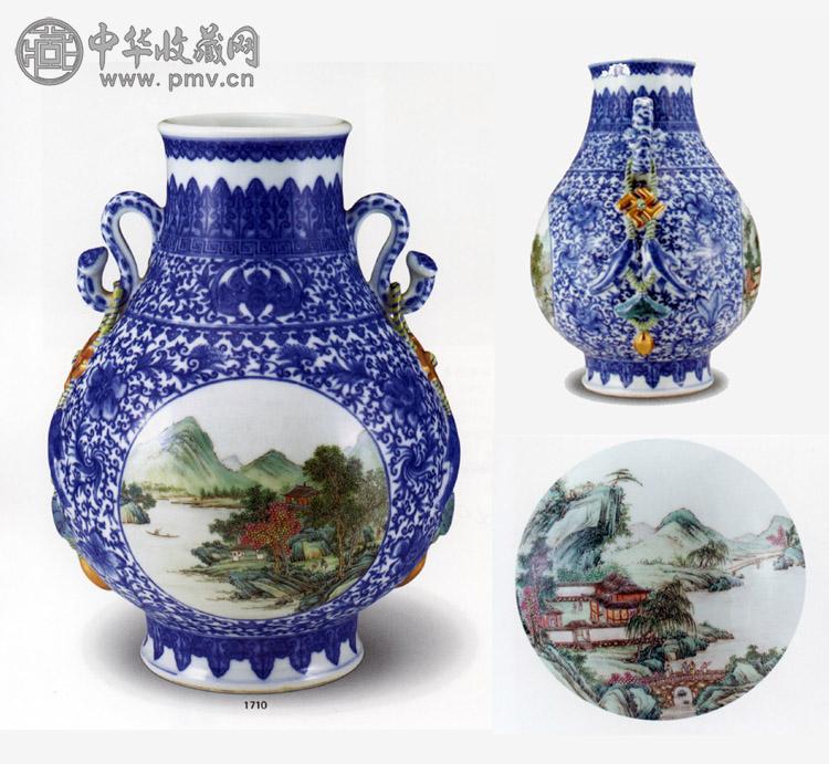 民国 青花开光山水如意耳尊