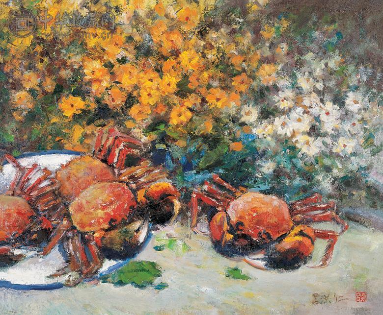 吕洪仁 菊花黄时蟹正肥 布面 油画