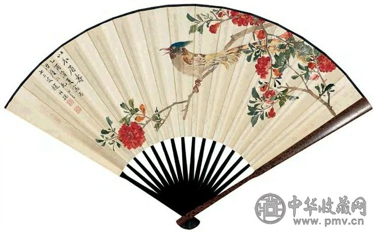 1945年 赵叔孺 以介眉寿图并行书七言诗 成扇 设色纸本