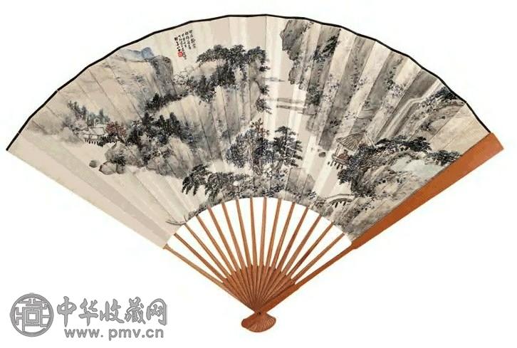 萧俊贤 1944年绘，1945书 拟石溪山水并章草 成扇 纸本设色