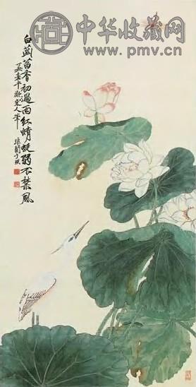 于非闇 丁丑嘉平(1937年)作 白荷、蜻蜓、鹭鸾 立轴 设色绢本