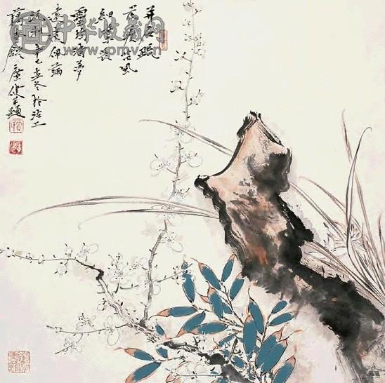 贾广健 2001年作 梅花 兰石 镜心 设色纸本