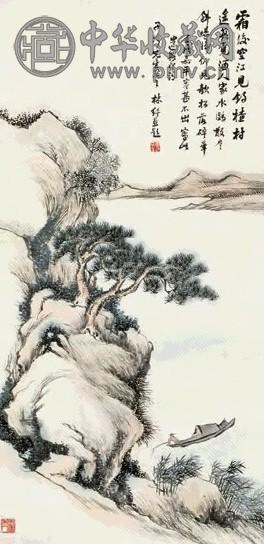 林纾 1922年作 寒江独钓 立轴 设色纸本