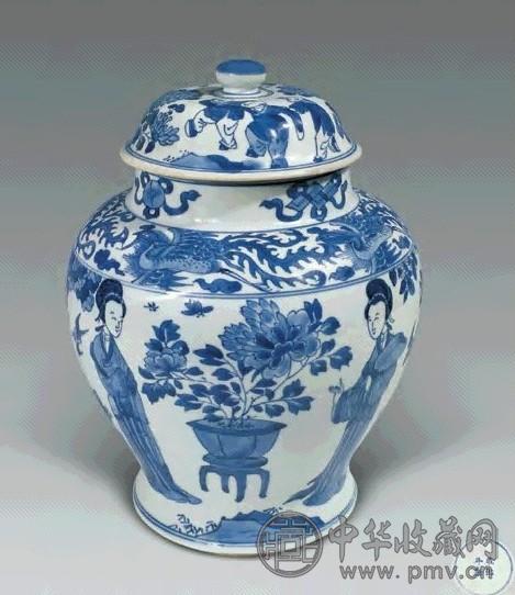 清康熙 青花仕女纹将军罐