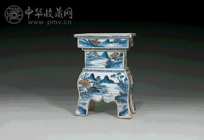 清乾隆 青花釉里红山水香炉