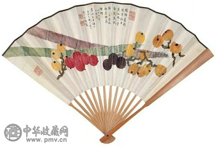 丁辅之 1932年作 鲜果图 成扇 设色纸本