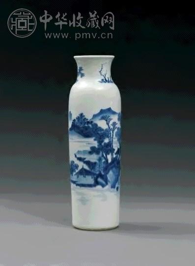 清顺治 青花山水纹筒瓶