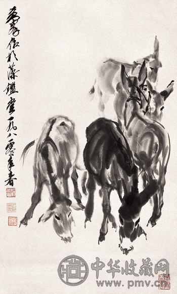 黄冑1980年作群驴图立轴水墨纸本收藏资讯|艺术家|书画家|书画名人|书法