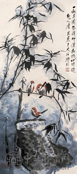 唐云 竹雀图 立轴 设色纸本