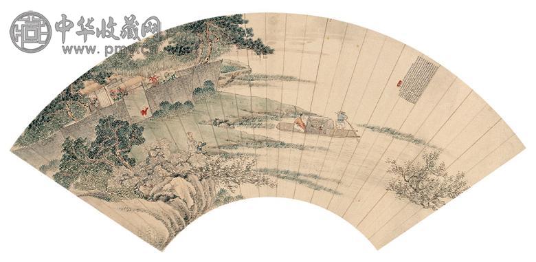 徐绶臣 1944年作 江村归隐图 扇面 设色纸本